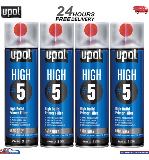 4x UPOL HIGH 5 HIGH BUILD PRIMER AEROSOL U-POL - DARK GREY